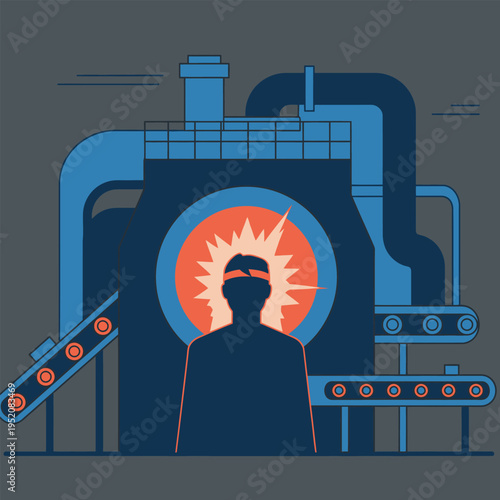 Industrial factory production line with a silhouette of a person experiencing a powerful moment of realization or inspiration in front of machinery