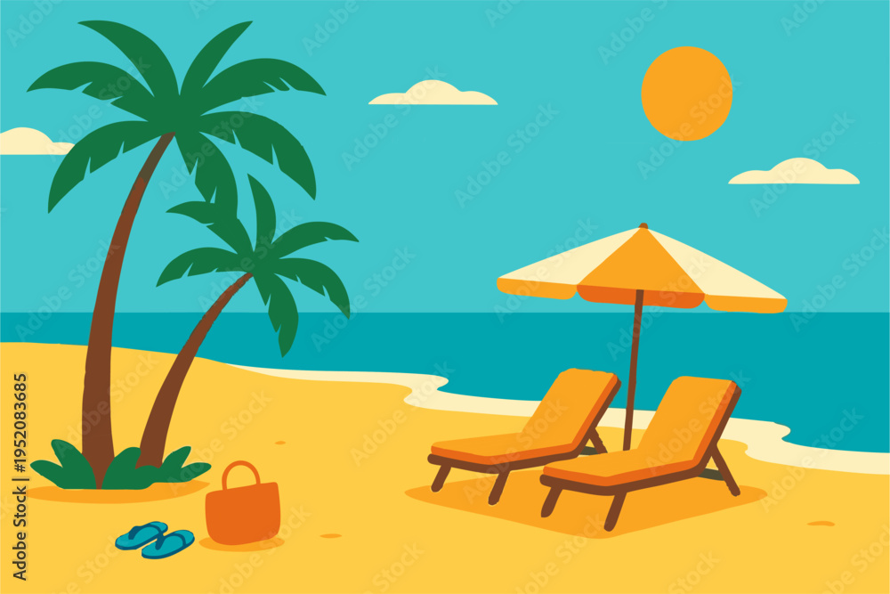 Obraz premium Flat vector illustration of a tropical beach with sun loungers, umbrella, palm trees, beach bag, and flip flops by the sea