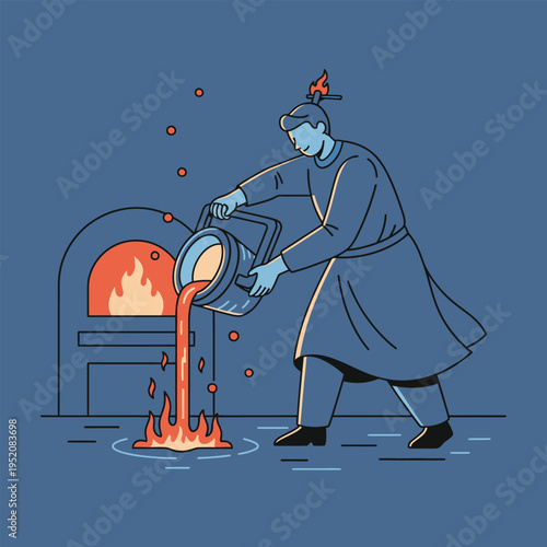 Artisan pouring molten metal into a mold near a fiery furnace, creating a new piece