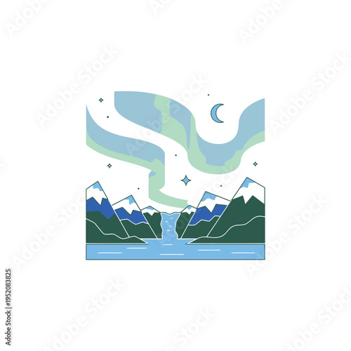 Majestic Aurora Borealis Over Snowy Mountains and Waterfall.