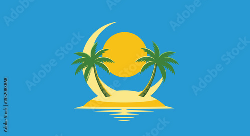 Tropical island with crescent moon and sun.