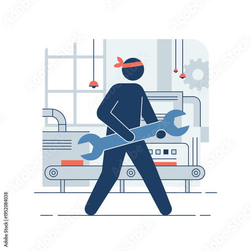 Industrial worker holding a large wrench in front of a factory production line, symbolizing maintenance and repair