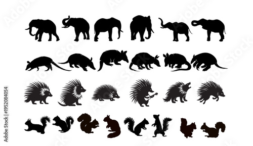 A collection of animal silhouettes in various poses and sizes on a white background