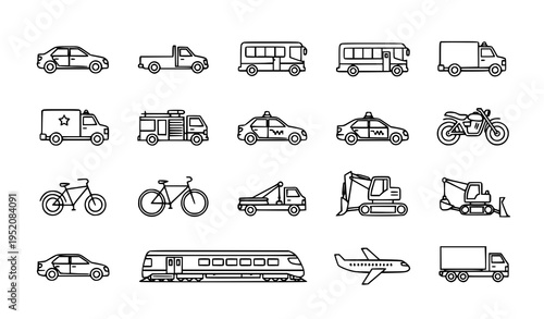 Black and white transportation icons set with cars trucks buses emergency and construction vehicles line art vector