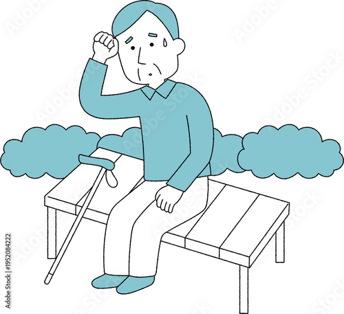 散歩中に疲れてベンチで休む高齢男性単色