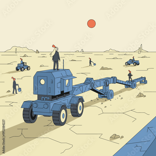 Industrial expedition in a desolate landscape with workers and advanced machinery