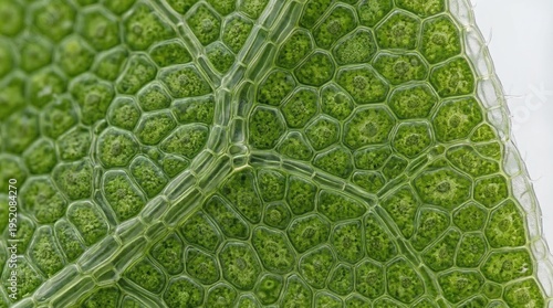 Vibrant green leaf cells under hyperrealistic macro view. Hyperrealistic macro shot of a single vibrant green leaf showing intricate cellular structure