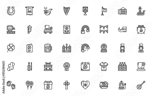 St Patricks Day icon set. Vector illustration pack with symbols like clover, leprechaun, harp, beer, rainbow, flag, pipe, horseshoe and more. Editable stroke.