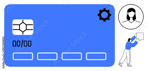 Payment technology. Blue chip card with user profile and service gear icon s payment security features. Payment methods, cybersecurity, identity verification, digital wallets, online banking