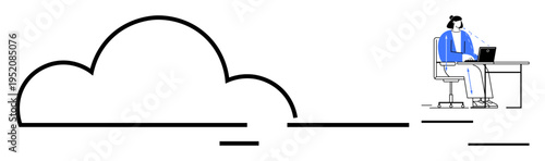 Cloud computing concept. A person works remotely on a laptop connected to a cloud symbol, digital storage and connectivity. Perfect for IT, remote jobs, data management, and technology solutions