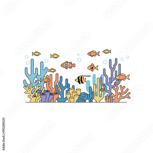 Underwater Scene With Coral Reefs And Tropical Fish Swimming In The Ocean