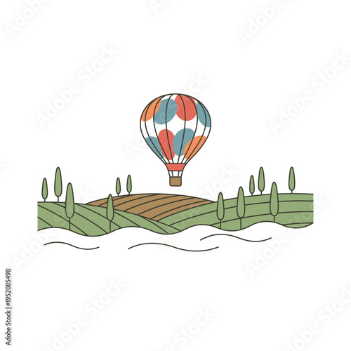 Vibrant hot air balloon gracefully ascends over a picturesque landscape of rolling hills and cypress trees, inviting exploration and adventure
