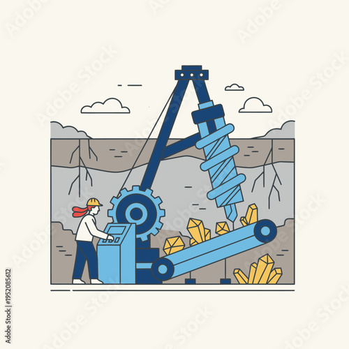Mining Machine Extracting Valuable Crystals with Operator.