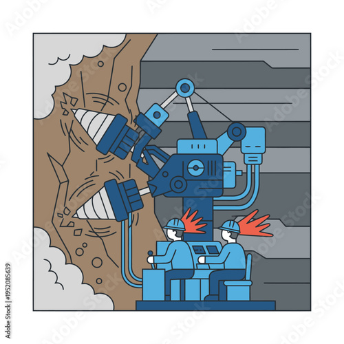 Mining machine with drill bits and operators.