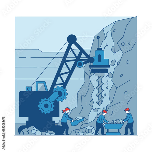 Mining Operation with Excavator and Workers Extracting Minerals.