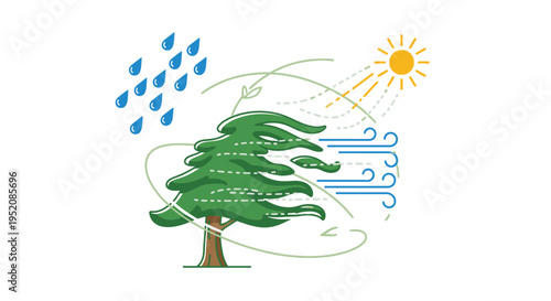 Illustration of a green tree with rain, sun, and wind elements in a circular motion.