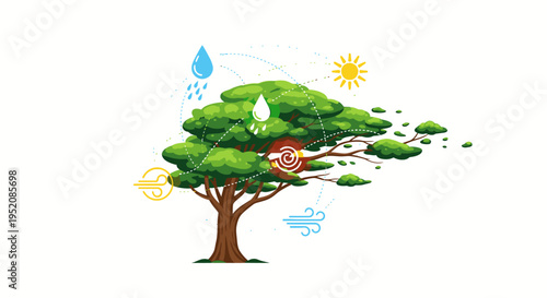Illustration of a tree with green leaves and a brown trunk surrounded by icons representing environmental elements on a white background.