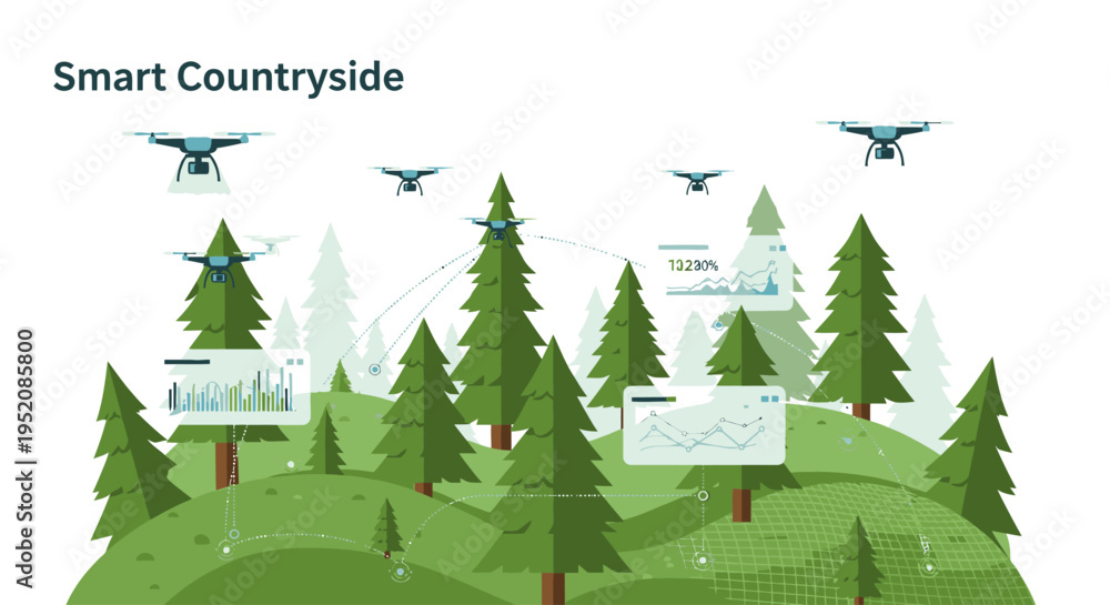Obraz premium Illustration of a green countryside with trees, drones flying overhead, and digital screens displaying graphs and charts.