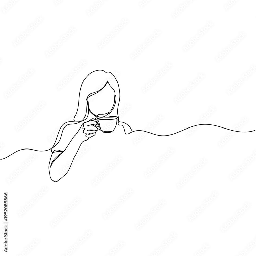 Obraz premium Continuous Line Art Drawing of a Woman Drinking Coffee or Tea Minimalist Illustration
