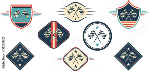 Vintage racing badges vector set with checkered flags retro emblems speed motorsport labels classic design collection illustration