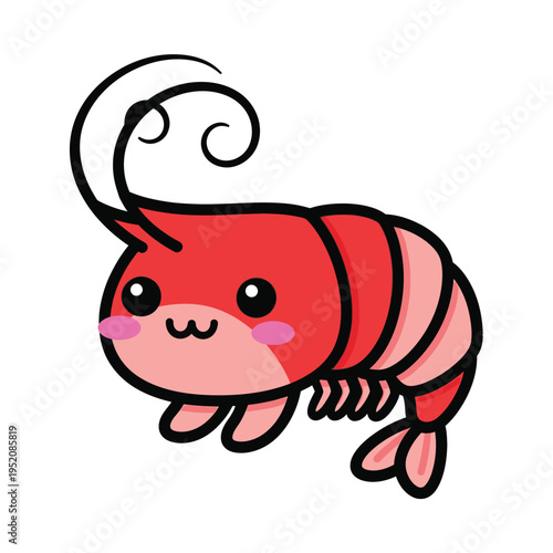 Cute Kawaii Red Shrimp Cartoon Illustration.