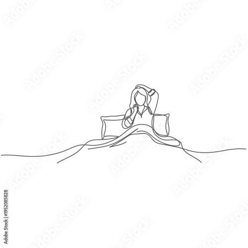 Continuous line drawing of woman waking up in bed stretching in the morning
