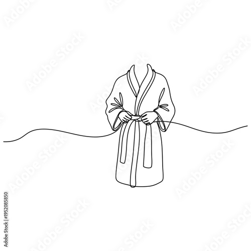 Continuous One Line Drawing of a Minimalist Bathrobe with Hands Tying a Belt