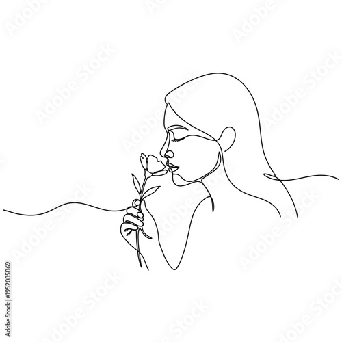 Continuous line art drawing of a minimalist woman smelling a flower elegant profile portrait
