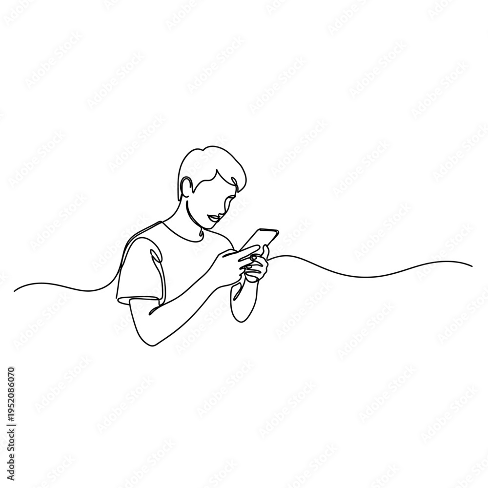 Obraz premium Continuous line drawing of man using smartphone for communication and social media