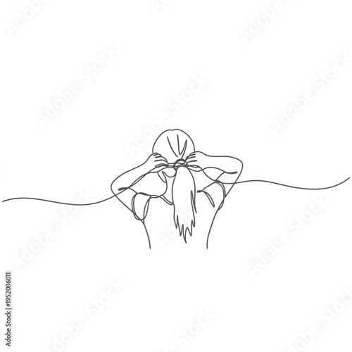 Continuous Line Drawing of a Woman Tying Her Hair in a Ponytail Minimalist Back View Art