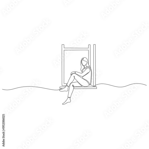 Continuous line drawing of a young woman sitting on a window sill looking outside