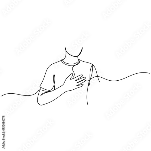 Continuous Line Drawing of Man with Hand on Heart Representing Gratitude and Sincerity