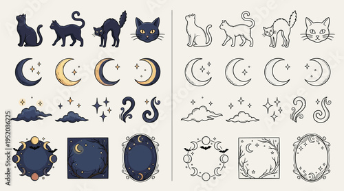 This image features a collection of mystical and celestial-themed illustrations, including black cats, moon phases, stars, clouds, and decorative frames, presented in both colored and outline styles.