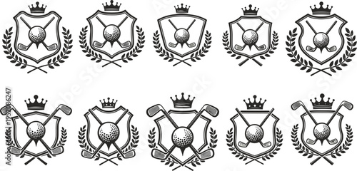 Golf club crest emblem collection with crown shield laurel wreath sport badge vector illustration set