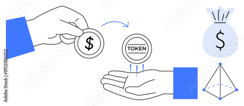 Cryptocurrency, blockchain, financial transactions, token exchange, digital economy, payment methods. Hand giving coin, token received by another hand. Cryptocurrency and token exchange concept