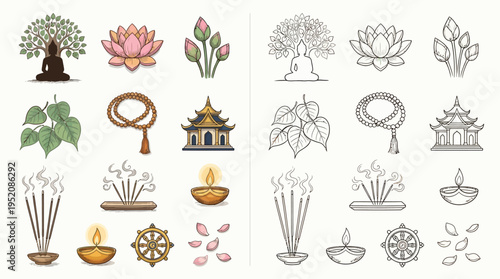 A collection of colorful and outlined Buddhist religious symbols and spiritual elements.