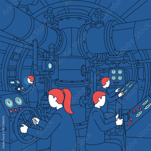 Illustration of a team of engineers working in the engine room of a submarine or ship, operating complex machinery and controls