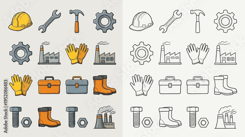Collection of industrial safety and construction icons in color and outline versions.