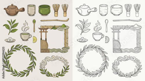 Collection of Japanese tea ceremony elements, including a teapot, cups, whisk, tea leaves, and decorative frames, presented in both color and monochrome.