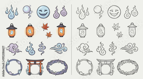 Collection of Japanese folklore inspired icons, including ghosts, lanterns, torii gates, and swirling clouds, presented in both color and outline versions.