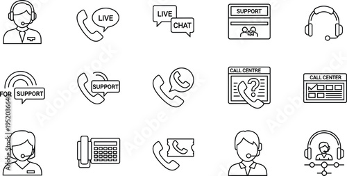 Customer support line icons set with call center headset live chat phone help service vector illustration collection design