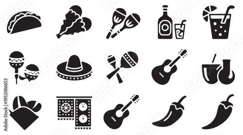 Mexican cultural icons set with traditional food music and clothing items vector silhouette