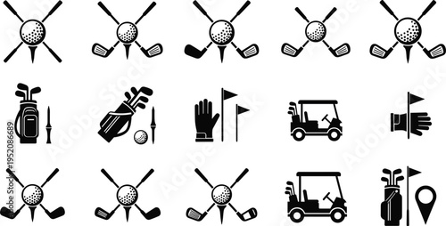 Golf icons set with clubs ball cart bag gloves flags equipment sport collection vector illustration design isolated symbols