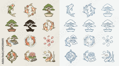 Collection of Japanese-inspired illustrations featuring koi fish, bonsai trees, and cherry blossoms in both colored and line art styles.