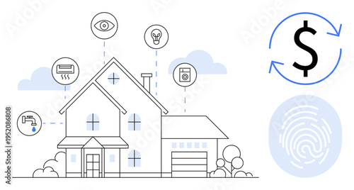 Smart home technology, IoT devices, energy saving, home security, automation, modern living. House connected to devices thumbs up cameras and utilities. Smart home technology and IoT devices concept