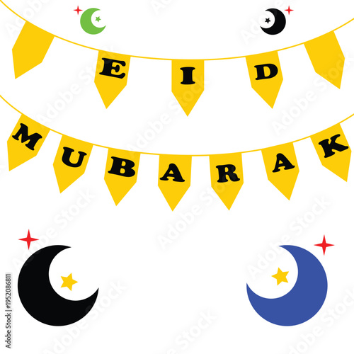 Eid mubarak celebration with crescent moons and stars