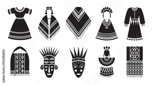 Traditional ethnic clothing and tribal mask icons for cultural heritage design and fashion