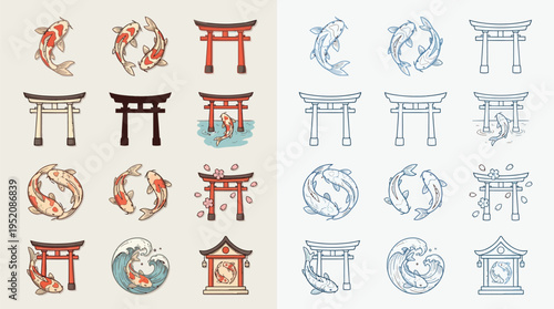 Collection of Japanese cultural icons featuring koi fish and torii gates in various artistic styles and arrangements.