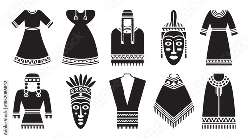 Set of black icons representing traditional clothing and masks on white background