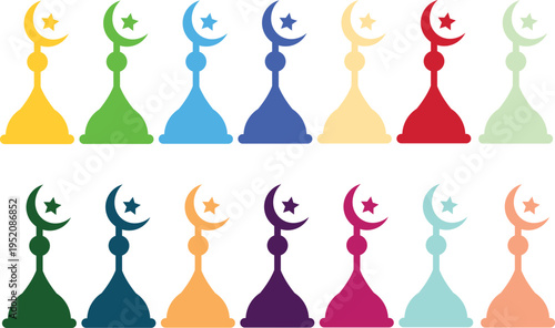 A collection of colorful mosque domes with crescent moons and stars